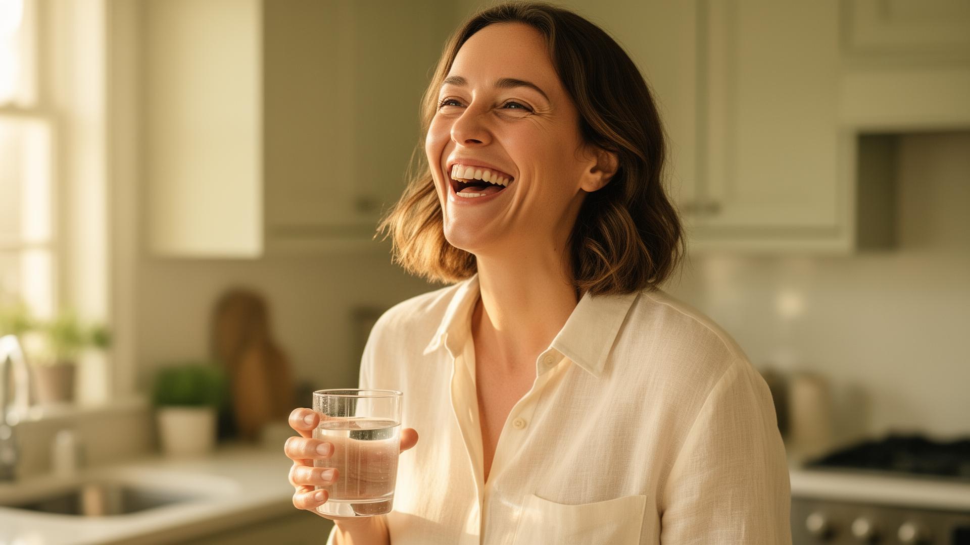 A woman laughing joyfully in a sunlit kitchen while holding a glass of water
